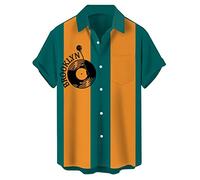 Chemise de bowling rétro années 1950 pour homme, style rockabilly, manches courtes, boutonnée, style hawaïen, Phonographe-vert orange, XXL
