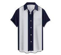 Chemise de bowling vintage à manches courtes boutonnée pour homme, Bleu marine et gris., Taille L