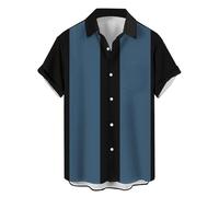 Chemise de bowling vintage à manches courtes boutonnée pour homme, noir/bleu, Taille 3XL