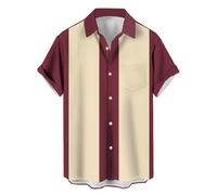 Chemise de bowling vintage à manches courtes boutonnée pour homme, Rouge brique et beige, XX-Large