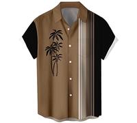 Chemise de bowling vintage à manches courtes pour homme - Style rétro années 1950, Marron/rayures, Taille L
