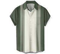 Chemise de bowling vintage années 1950 pour homme rétro à manches courtes boutonnée, Rayures crème sauge, Taille L