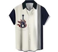 Chemise de bowling vintage années 1950 style rockabilly rétro à manches courtes boutonnée pour homme, Guitare - Blanc marine, Taille 3XL