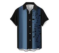 Chemise de bowling vintage années 1950 style rockabilly rétro à manches courtes boutonnée pour homme, Note de musique - Noir - Bleu, Taille M