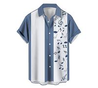 Chemise de bowling vintage années 1950 style rockabilly rétro à manches courtes boutonnée pour homme, Note de musique - Bleu clair, Taille 3XL