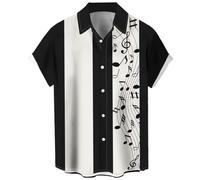 Chemise de bowling vintage années 1950 style rockabilly rétro à manches courtes boutonnée pour homme, Note de musique - blanc noir, Taille 3XL