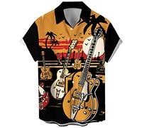 Chemise de bowling vintage années 1950 style rockabilly rétro à manches courtes boutonnée pour homme, Guitare hawaïenne, Taille 3XL