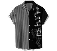 Chemise de bowling vintage années 1950 style rockabilly rétro à manches courtes boutonnée pour homme, Note de musique - Rayures noires, XX-Large