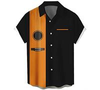 Chemise de bowling vintage années 1950 style rockabilly rétro à manches courtes boutonnée pour homme, Guitare - jaune noir, Taille L