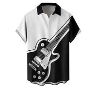 Chemise de bowling vintage années 1950 style rockabilly rétro à manches courtes boutonnée pour homme, Guitare - blanc noir, Taille XL