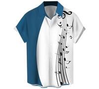 Chemise de bowling vintage années 1950 style rockabilly rétro à manches courtes boutonnée pour homme, Note de musique - blanc bleu, Taille XL