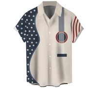 Chemise de bowling vintage années 1950 style rockabilly rétro à manches courtes boutonnée pour homme, Drapeau USA Guitare, Taille M