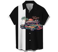 Chemise de bowling vintage des années 1950 pour homme - Style rétro - Manches courtes - Boutonnée hawaïenne, Voiture hawaïenne, Taille L