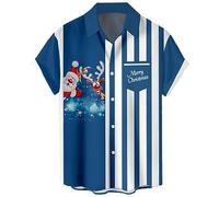 Chemise de bowling vintage des années 1950 pour homme - Style rétro - Manches courtes - Boutonnée hawaïenne, Père Noël bleu, Taille XL