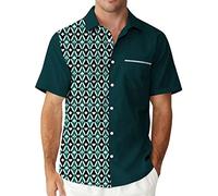 Chemise de bowling vintage des années 1950 pour homme - Style rétro - Manches courtes - Boutonnée hawaïenne, vert et blanc, Taille XL