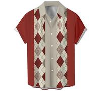 Chemise de bowling vintage des années 1950 pour homme - Style rétro - Manches courtes - Boutonnée hawaïenne, Géométrique rouge brunâtre, XX-Large