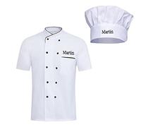 Chemise de chef à manches courtes brodée avec toque de chef Veste de chef noire et blanche Vêtements d'uniformes de cuisine pour hommes et femmes
