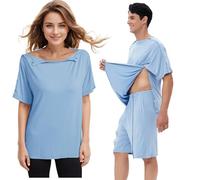 Chemise de chirurgie post-épaule ouverte sur le côté, vêtements chimio adaptatifs unisexe accès poitrine port chemise chimio, Chemise bleue., M