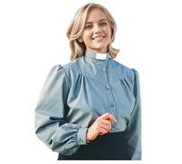 Chemise de clergé pour femme, chemise de prêtre à manches longues boutonnée, chemisier ministre décontracté avec col à languette, bleu clair, L
