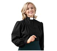 Chemise de clergé pour femme, chemise de prêtre à manches longues boutonnée, chemisier ministre décontracté avec col à languette, Noir , M