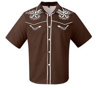 Chemise de cowboy pour homme - Manches courtes - Style western - Vintage - Imprimé cowboy - Chemise traditionnelle pour mariage, fête, rétro - Chemise de loisirs pour festival country, P marron., XXL