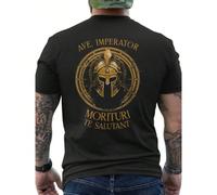 Chemise de gladiateur romain pour hommes - Noir avec impression dorsale du casque spartiate doré - Costume historique romain - Cosplay, fêtes à thème et tenue décontractée - Passionnés d'histoire, vêt