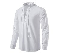 Chemise de kilt écossais classique en coton pour homme - Manches longues - Confortable - À lacets - Style médiéval et vintage, blanc, L