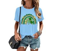 Chemise de la Saint-Patrick pour femme - Chemise porte-bonheur, motif trèfle léopard, décontracté, col rond, vacances, voyage, bleu ciel, M