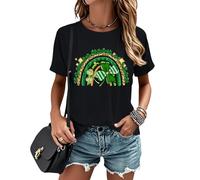 Chemise de la Saint-Patrick pour femme - Chemise porte-bonheur, motif trèfle léopard, décontracté, col rond, vacances, voyage, Noir , M