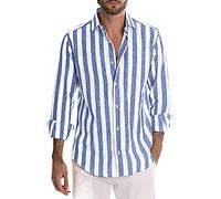 Chemise de loisirs pour homme - Col montant - Coupe droite - Pour l'été - Manches longues - Rayures - Avec boutons - Séchage rapide - Respirant - En lin - Blanc, bleu ciel, XXXL