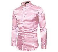Chemise de luxe à manches longues en satin à motif cachemire pour homme, coupe classique, couleur unie, décontractée, pour soirée dansante, smoking (rose, XL)