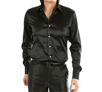 Chemise de luxe en satin soyeux pour homme - Coupe ajustée - Manches longues - Style décontracté - Pour spectacle, danse, fête, mariage, Noir , L