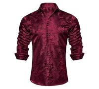 Chemise de luxe pour homme - Motif cachemire doré brillant - Coupe ajustée - Manches longues - Satin - Motif floral - Broderie jacquard - Pour mariage, fête, confortable et respirante, Bordeaux, XL