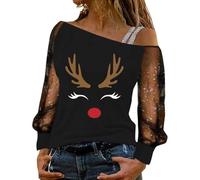 Chemise De Noel Chemisier Femme Manche 3/4 Col Rond Blouse Tee Shirt Haut Paillettes Tenue Top Fete Pull T Tunique Grande Taille Manches Soiree Noël Tshirt Chic Et Elegant Paillette Fête Élégant