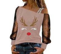 Chemise De Noel Femme Tunique T Shirt Manche 3/4 Col Rond Blouse Chemisier Haut Paillette Tee Top Fete Pull Chic Et Elegant Manches Tenue Soiree Fête Stitch Fille Moche T-Shirt Noël Tshirt Élégant