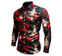 Chemise De Noel Homme Manche Longue Chemise Infroissable, Haut Grande Taille Hawaienne Slim Fit Funky Motif 3D Drole Print Col Rabattu avec Bouton Classique EléGant