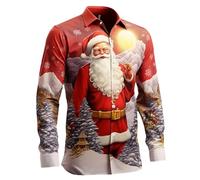 Chemise De Noel Homme Manche Longue, Chemise Infroissable Haut Grande Taille Hawaienne Slim Fit Funky Motif 3D Drole Print Col Rabattu avec Bouton Classique EléGant