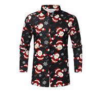 Chemise De Noël Homme Manches Longues, Chemise Homme Noël Imprimé Père Noel Col À Revers T-Shirt Noel Haut Drôle Chemises Amusante Christmas Loisirs Festival Fête Funny Moche Party