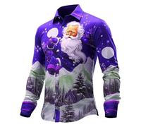 Chemise de Noël pour homme - T-shirt décontracté à manches longues imprimé père Noël, t-shirt floral, coupe droite, chemisier boutonné à revers drôle, chemise extensible, infroissable, XXXXXL, bleu,
