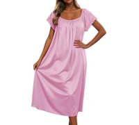 Chemise de nuit 2026 pour femme - Couleur unie - Coupe ample - En soie glacée - Avec manches courtes et robe de nuit longue pour femme, Rose, taille unique