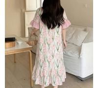Chemise de nuit à col rond ample et confortable avec volants à l'ourlet, motif de fleurs de tulipe, convient pour le port quotidien, à la maison et à l'extérieur pour les adolescentes et les jeunes fi