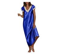 Chemise de nuit à manches courtes en dentelle pour femme - Robe de nuit courte - Nuisette ample - Doux - Confortable - Grandes tailles - Robe de maison - Col en V - T-shirt de nuit d'été, bleu, XXXXL