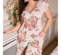 Chemise de nuit ajustée à manches courtes pour femmes grandes tailles avec imprimé floral et dentelle contrastée. Splendeur florale abondante, détails confortables et élégants 0XL,1XL,2XL,3XL,4XLPlant