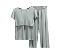 Chemise de nuit boutonnée de maternité pyjama manches vêtements de nuit allaitement femme chemise et ensemble T bébé maternité hauts pantalons courts nuit maternité ensemble pyjama de maternité, Vert,