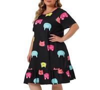 Chemise de nuit confortable à manches courtes pour femme, pyjama chat pour femme, Noir , 3XL