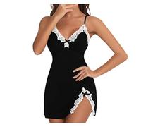 Chemise De Nuit Coton Sevy Chic Femme Ourlet Dentelle bordée Fourche Ouverte Chemise de Nuit à Bretelles Robe de Nuit Côté latéral Décoration Bow Cotton Nuisette Bretelles Réglables S-3XL