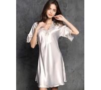 Chemise De Nuit D’été Lingerie pour Femmes Satin Dames Vêtements De Nuit Soie Demi Manches Broderie Chemise De Nuit Nuisettes, Dusty Pink, aM