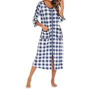 Chemise de nuit en coton pour femme à manches longues - Nuisette en polycoton pour femmes âgées avec fermeture éclair à carreaux et rayures col rond manches 3/4 vêtements de nuit grande taille ample