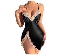 Chemise de nuit en dentelle comme de la soie, robe d'été fine et respirante, vêtements de maison, Noir , XL
