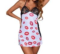 Chemise de nuit en dentelle pour femme avec col creux - Motif imprimé comme pyjama séduisant pour des nuits reposantes, Blanc., XXL